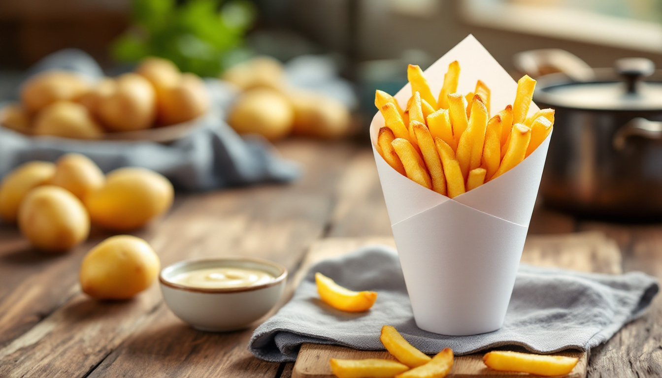 Belgische Pommes selber machen: dick geschnittene Fritten in Papiertüte mit Mayonnaise