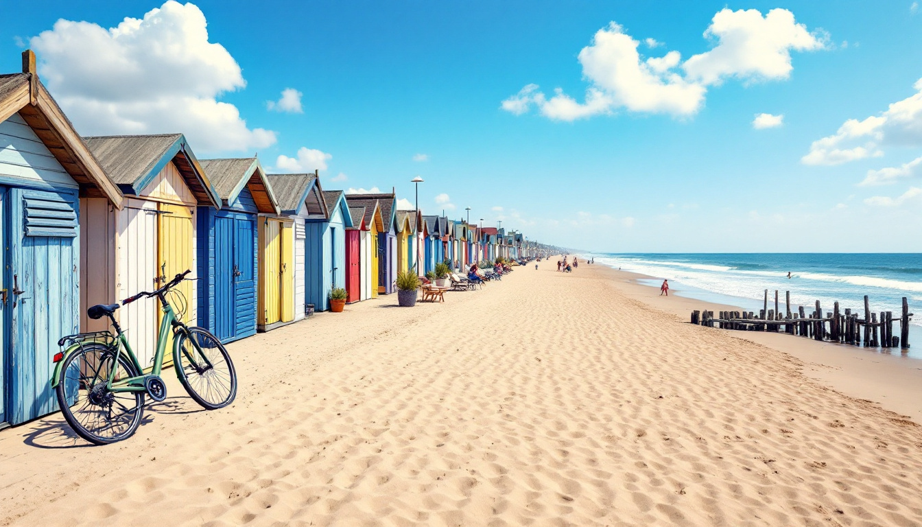 Beste Reisezeit Belgien Küste: sonniger Sandstrand mit Strandhäuschen und Promenade an der Nordsee