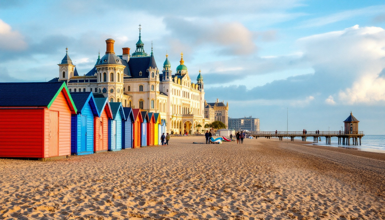 Tagesausflug belgische Nordseeküste Ostende: Strandpromenade mit Strandkabinen und Belle-Époque-Architektur